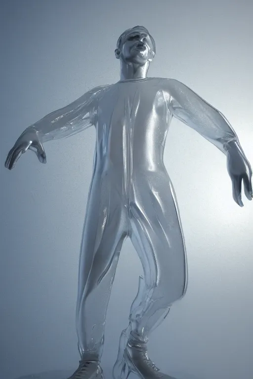 Prompt: transparent ice statue of man in tracksuit, by Michelangelo, ultra realistic render, 4k, volumetric lighting, highly detailed, studio lighting, octane render, glowing, ray tracing, cold mist, bokeh, wide shot