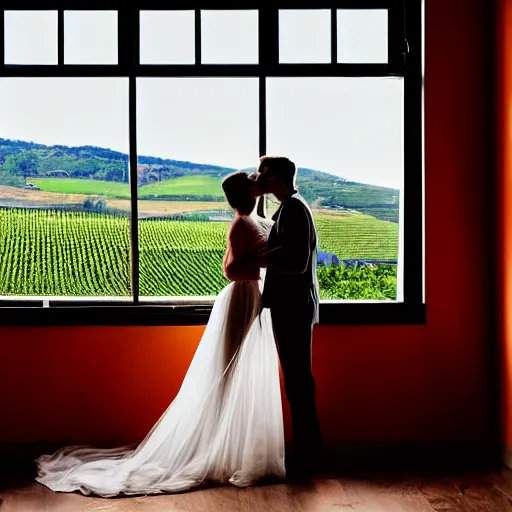 Image similar to a couple kissing, behind them is a window that shows a hilly landscape with vineyards, natural light, dreamy, 7 0 mm, hopper