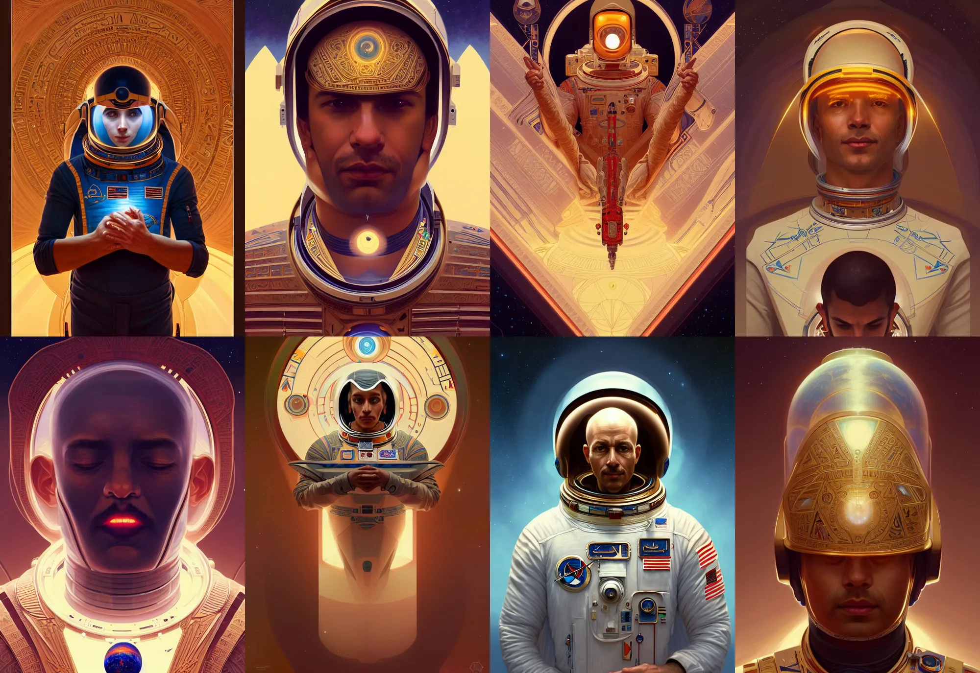Prompt: symmetry!! portrait of an astronaut folding his hands in egyptian style, intricate, elegant, highly detailed, digital painting, artstation, concept art, smooth, sharp focus, illustration, art by wolp and greg rutkowski and alphonse mucha, 8 k