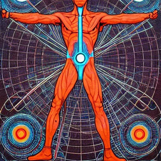 Image similar to ultraman vitruvian man bu james jean, surrealism