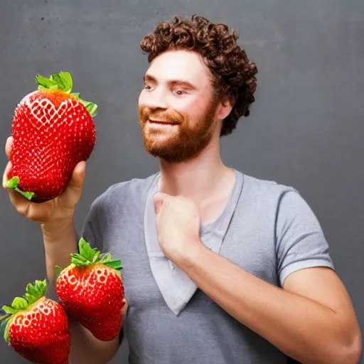 Prompt: a young man with curly auburn hair proudly holds 1 giant strawberry