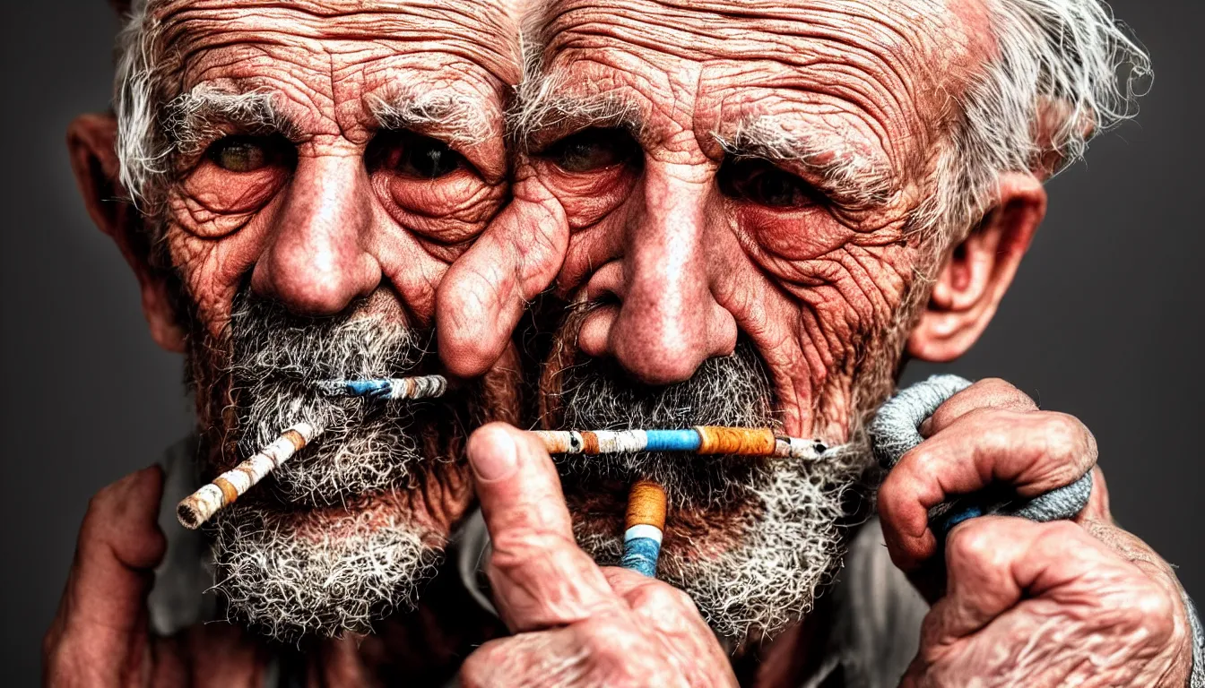 Image similar to hyper realistic color photo, portrait of a single weathered old man smoking pipe, cables and fibres emerge from his mouth and ears, dramatic shadow!!, full colour, upscale, 8 k, masterpiece