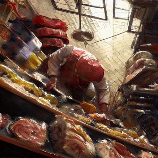 Prompt: low angle view of a butcher working, artwork by craig mullins, high details, octane, unreal engine, from below, worms - eye - view, close - up!!!!!