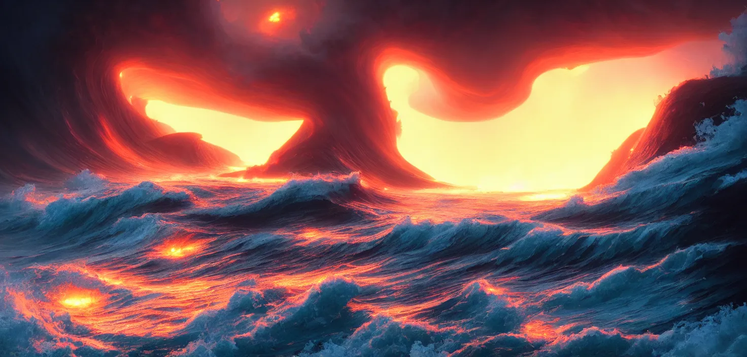 Prompt: sabstract image of sea waves and lava waves splashing, high detail, warm lighting, volumetric, godrays, vivid, beautiful, trending on artstation, by jordan grimmer, huge scene, grass, art greg rutkowski