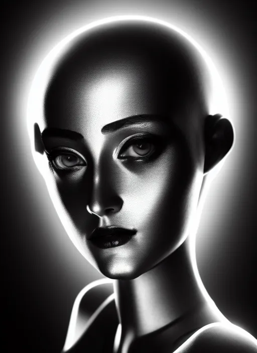 Prompt: surreal mythical dreamy dark artistic black and white fine art fashion portrait photo of a young beautiful delicate female metropolis robot loving the universe, spiritual, halo, glory, rim light, cinematic, studio dramatic light, poetic, masterpiece, octane render, 8 k, photo - realistic by william bouguereau man ray