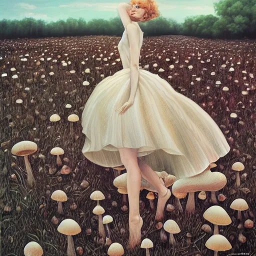 Image similar to a vogue model in a field of mushrooms, oil painting, pale colors, high detail, 8 k, wide angle, trending on artstation,