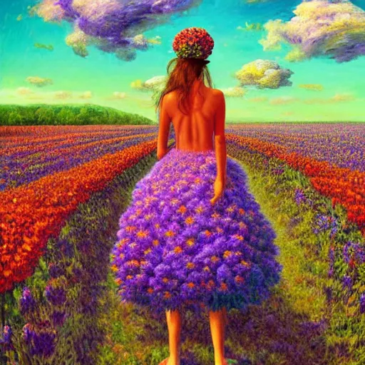 Prompt: giant flower head, frontal, woman standing in field, surreal photography, colorful clouds, impressionist painting, digital painting, artstation, rob gonsalves