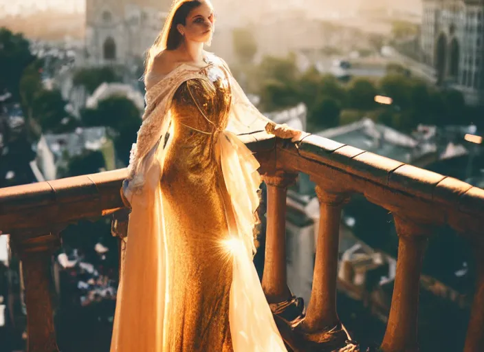 Prompt: a beautiful queen stands on a balcony overlooking a fantasy medieval gothic city, beautiful dramatic golden light and glow rays, 3 5 mm photography