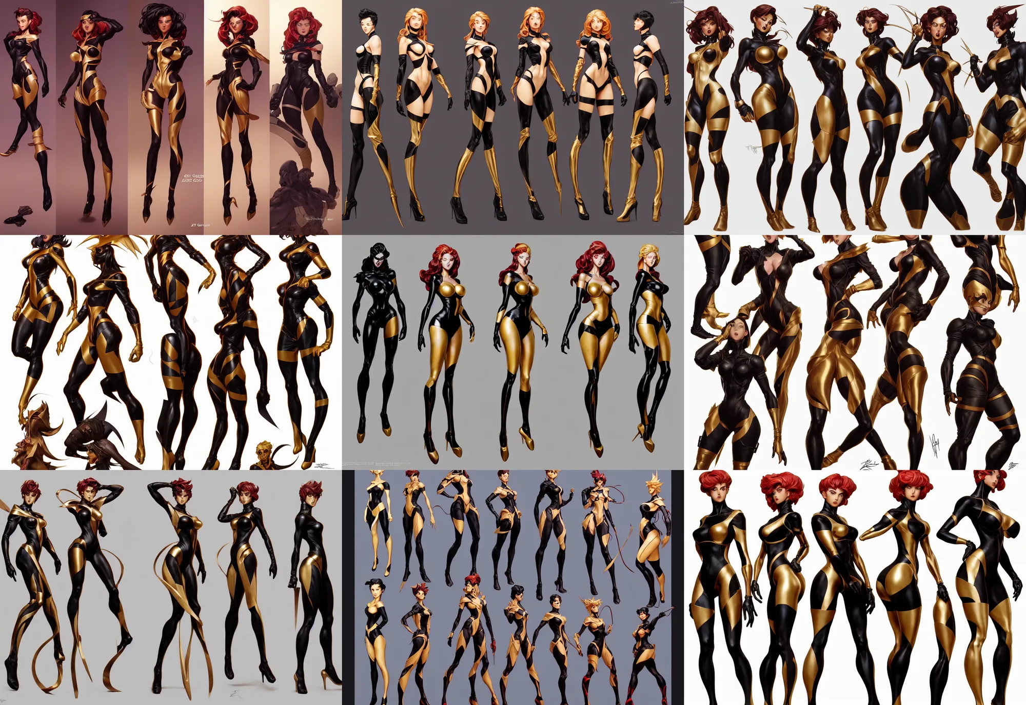 Image similar to three views cartoon character design by artgerm, cushart krenz, zeronis, donato giancola and greg rutkowski. future head set!! black tape project show attctive showgirl!! full body!! sharp edge. ultra clear detailed. contour light effect!! 8 k. red, golden and black. stage light. octane render.