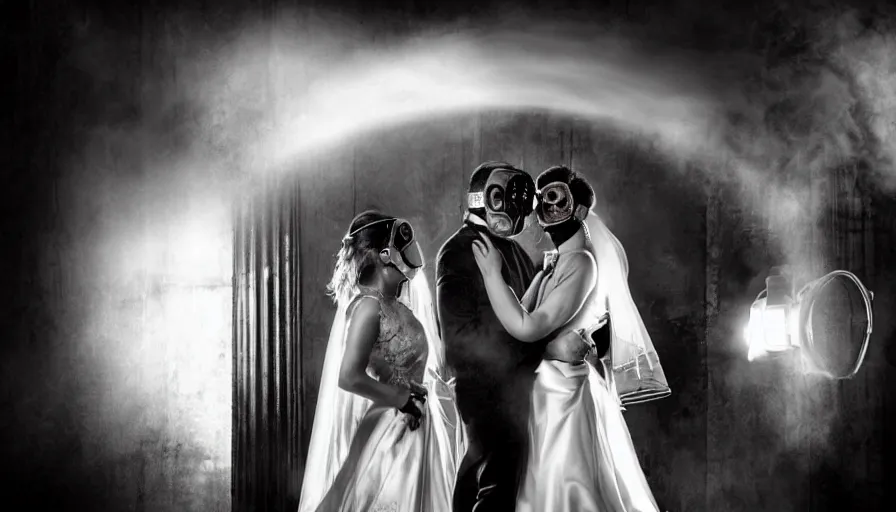 Image similar to disturbing big budget hollywood movie bride and groom wearing gas masks at the marriage of reason and squalor perfect composition dramatic lighting chiaroscuro