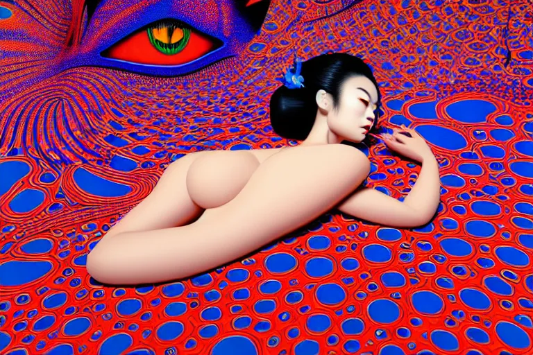 Image similar to hyperrealistic detailed image of a geisha laying in a art installation room, psychedelic background by yayoi kusama, part by kei mieno, part by alex gray, part by ross tran, part by james jean, ultra realistic, highly detailed, life like face, detailed body, 8 k, octane render, trending on artstation, very cohesive, masterpiece