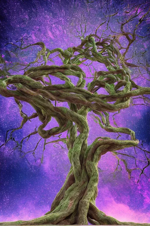 Image similar to a ancient knotted tree connected to space and time, calm, tranquil, faded effect, detailed, vaporwave colors, render by substance designer,