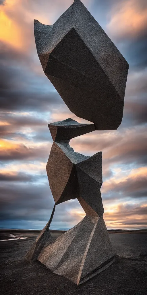 Prompt: futuristic angular architect giant golum monster made from deconstucted charcoal wood and mirrors, refracted, floating, portal, iceland landscape photography sunset, by lurie belegurschi and gunnar freyr