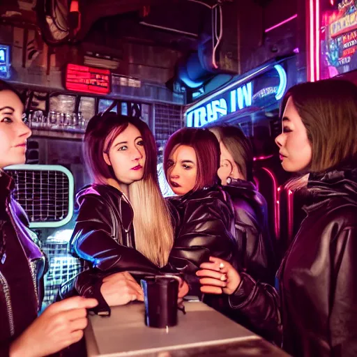 Image similar to photograph of a retro techwear coed group loitering near the bar of a packed busy rundown nightclub, retrofuturism, brutalism, cyberpunk, sigma 85mm f/1.4, 35mm, 4k, depth of field, high resolution, 4k, 8k, hd, highly detailed, tilted frame, long exposure, full color