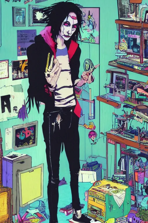 Prompt: a skinny goth guy standing in a cluttered 9 0 s bedroom by jamie hewlett, jamie hewlett art, full body character concept art, vaporwave colors, digital painting, hd, ultra hd, detailed, award winning, small details, artgerm art, sabas apterus art,