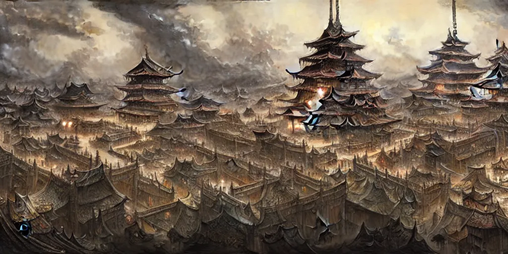Image similar to a beautiful and insanely detailed matte painting of an advanced sprawling medieval civilization with surreal japanese architecture designed by akihiko yoshida!, whimsical!!, epic scale, intricate details, sense of awe, elite, fantasy realism, complex layered composition!!