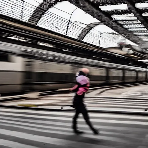 Prompt: of an octopus invading a train station, people are running away scared, shutter speed is 8 0,