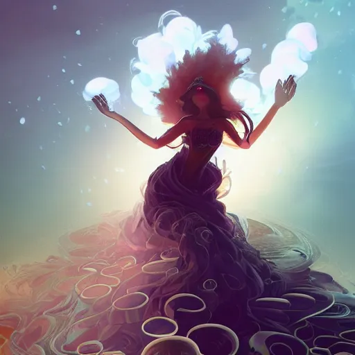 Prompt: goddess of coffee wearing a swirling dress surrounded by coffee beans and steam, matte fantasy painting volumetric lighting by Ross Tran and Jason Felix and Alena Aenami and Greg Rutkowski and Ching Yeh and Anato Finnstark, bokeh backdrop