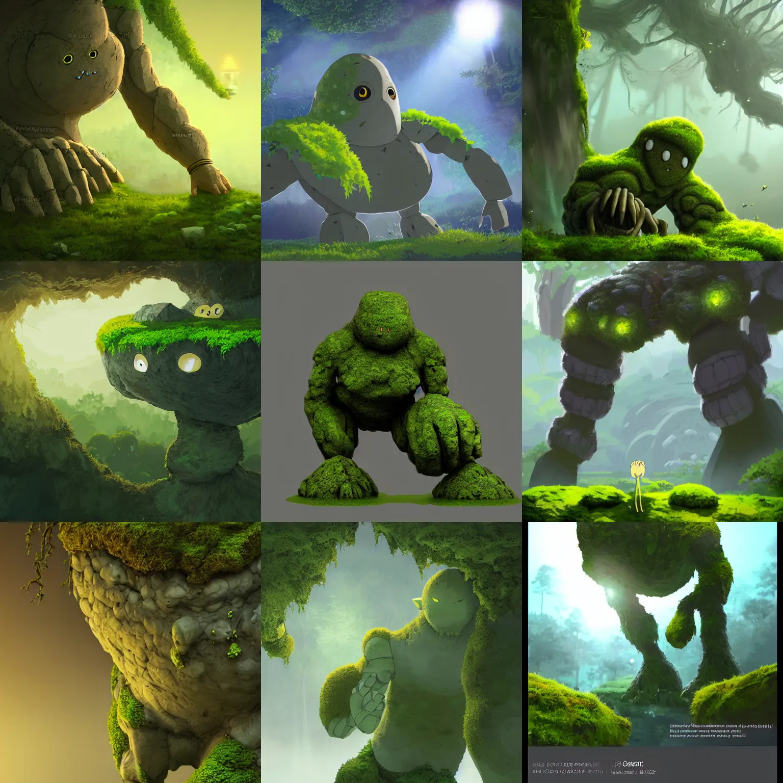 Prompt: closeup upper body of magic earth golem covered by moss with yellow eyes, in a gentle green dawn light, studio ghibli, clean cel shaded vector art, cinematic lighting, volumetric lighting, smooth, sharp focus, highly detailed, render in unreal engine 5, artstation, deviantart, behance, trending, epic composition, octane, light rays, award - winning