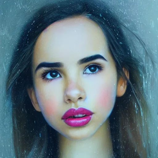 Prompt: cinematic portrait of sofia carson, perfect face, neon rain, delicate, elegant, by alyssa monks, highly detailed, symmetrical face, fine details, masterpiece, trending on artstation