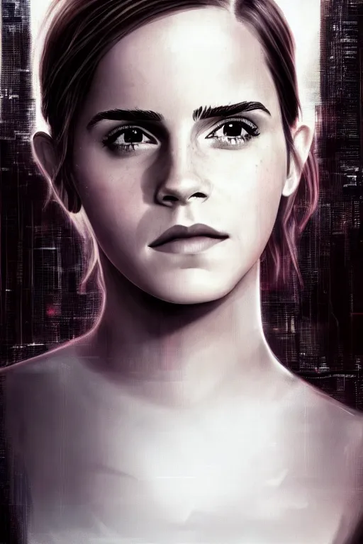Image similar to Emma Watson, head and shoulders portrait, the background is a huge futuristic city, cyberpunk style futuristic neon lights, artstation cgsociety masterpiece highly-detailed