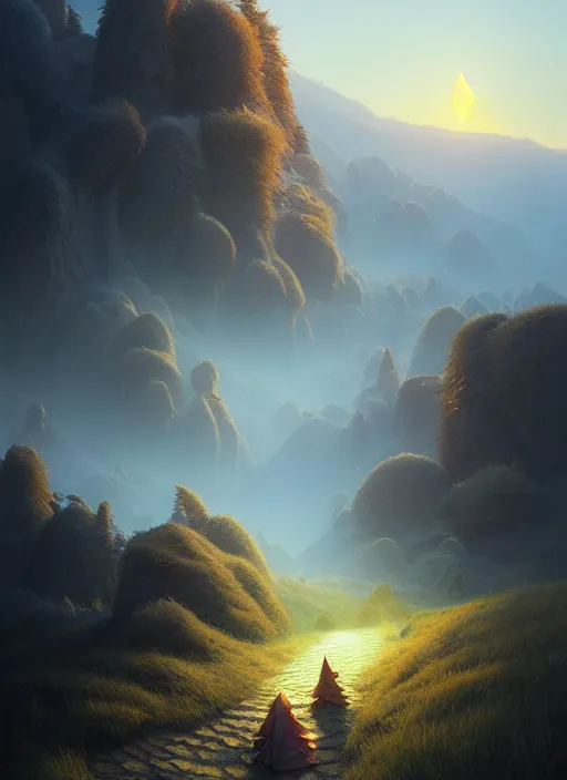 Image similar to spring mornings in the low - poly hills, diffuse lighting, fantasy, intricate, surrealism!!!!, highly detailed, lifelike, photorealistic, digital painting, artstation, illustration, concept art, smooth, sharp focus, by greg rutkowski, chris tulloch mccabe, valentina remenar and asher duran,