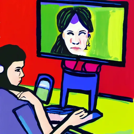 Prompt: realist gouache portrait of. 35 year old woman programming on a computer, vivid colors