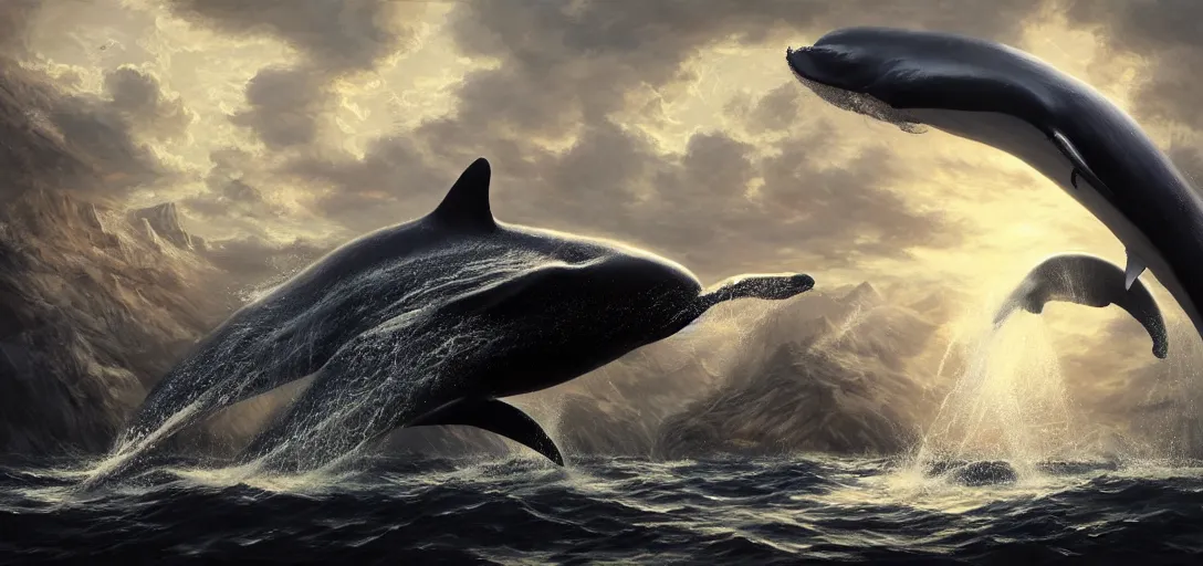 Image similar to wide angle shot of a consumerist whale, hd, volumetric lighting, 4 k, intricate detail, by jesper ejsing, irakli nadar