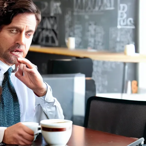 Prompt: the office scene of a man conversing with a sentient cup of coffee