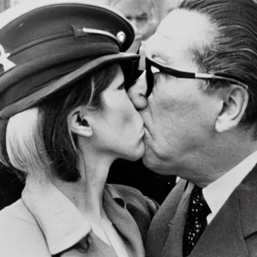 Prompt: Leonid Brezhnev and Erich Honecker kiss. High definition photography