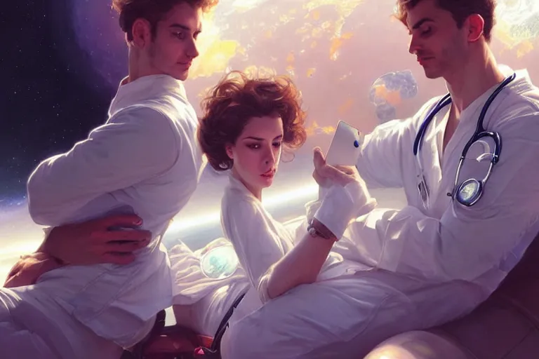 Image similar to Sensuous good looking pale young Spanish doctors wearing jeans in a space station above Earth, portrait, elegant, intricate, digital painting, artstation, concept art, smooth, sharp focus, illustration, art by artgerm and greg rutkowski and alphonse mucha