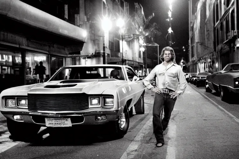 Prompt: 70s dressed Kurt Russel posing and in the background there two 70’s muscle cars parked on a deserted city street at night time, purple lighted street, wide angle, cinematic, retro-wave vibes, grainy, soft motion blur