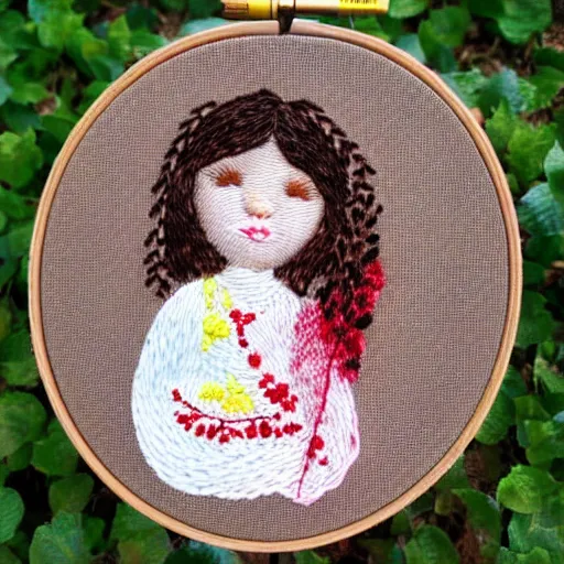 Image similar to a tiny beautiful handmade embroidery of a little girl with brown curly hair. hand embroidery.