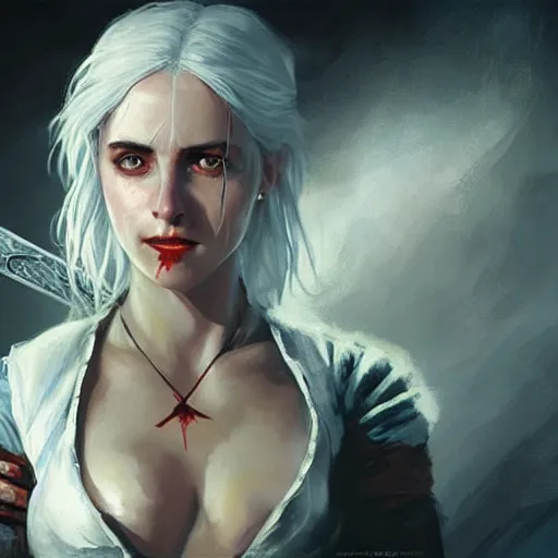 Image similar to ciri from witcher, blood, paint by greg rutkowski