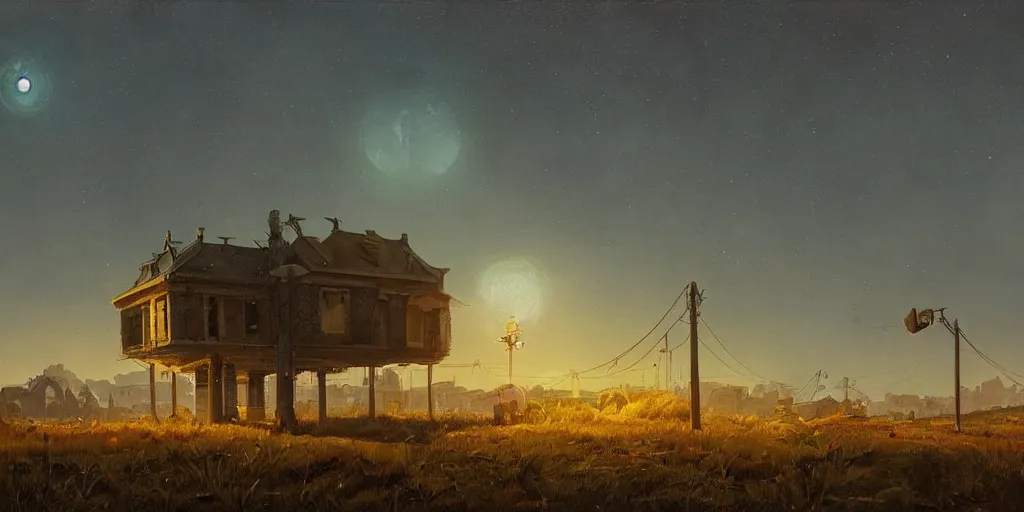 Prompt: abandoned civilisation at night, moonlight lighting, landscape painted by simon stalenhag