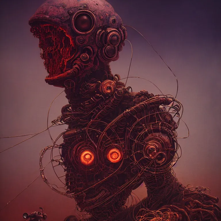 Image similar to doom motorbiker, covered with wires, by beksinski, psychedelic trippy visionary art, soft bloom lucid dream - like atmosphere, baroque painting, perfect composition, detailed octane render trending on artstation, 8 k artistic photography, volumetric cinematic perfect light, chiaroscuro, masterpiece, raphael, caravaggio, beksinski, rutkowski, beeple