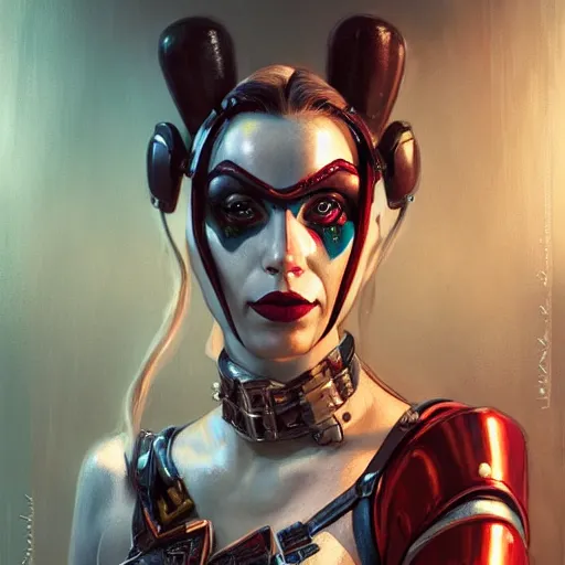 Image similar to a portrait of Harley Quinn in bikini armor, Warhammer 40000, cyberpunk, intricate, elegant, highly detailed, digital painting, trending on artstation, concept art, smooth, sharp focus, illustration, art by artgerm and greg rutkowski and alphonse mucha