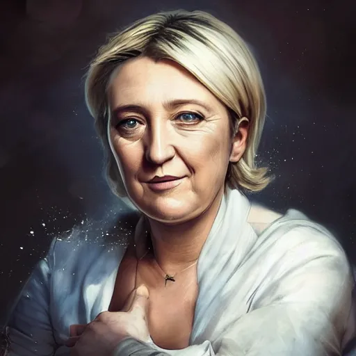 Image similar to Portrait of Marine le Pen , french revolution, heroic, amazing splashscreen artwork, splash art, head slightly tilted, natural light, elegant, intricate, fantasy, atmospheric lighting, cinematic, matte painting, detailed face, by Greg rutkowski