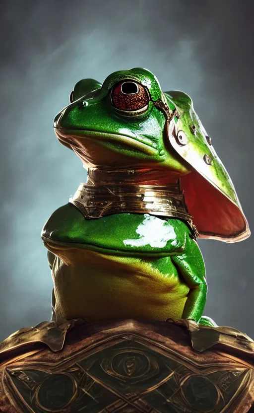 Prompt: a frog, dressed as a knight, holding a large shield, battle armor, atmospheric lighting painted intricate volumetric lighting, beautiful, sharp focus, ultra detailed, sharp, mindblowing, 4 k uhd, 8 k