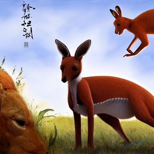 Image similar to a Muscular kangaroo and a Chinese rural dog look at each other, blue sky, garden, highly detailed, digital painting, concept art, sharp focus