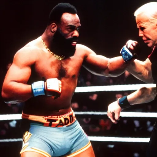 Image similar to mr. t in the ufc octagon against joe biden, detailed facial expressions, 1 9 8 0 s aesthetic