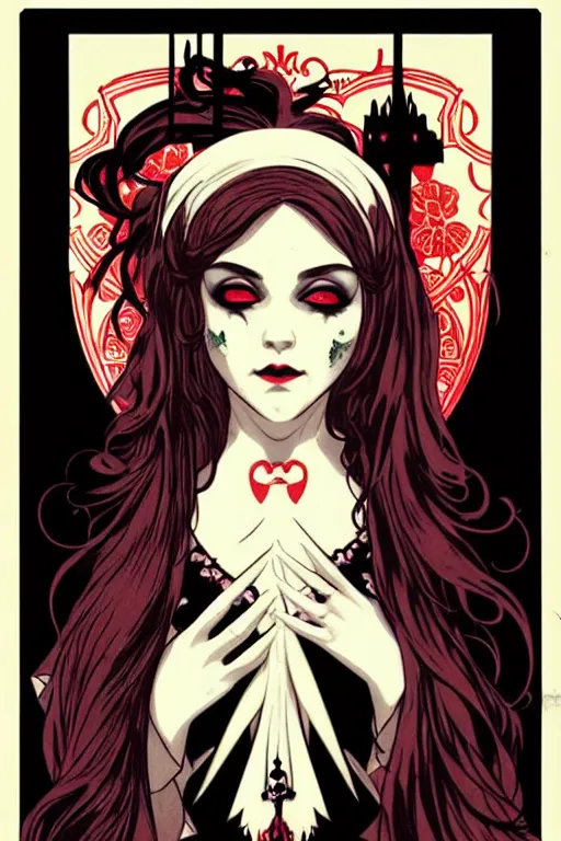 Prompt: beautiful gothic vampire girl propaganda screen printing movie poster, art style by sachin teng, artgerm, alphonse mucha, graffiti street art, iconic, masterpiece, organic painting, hard edges, ornate and hyper detailed