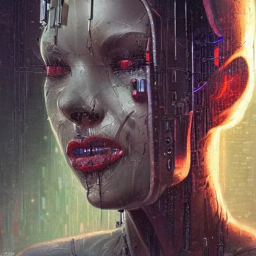 Image similar to detailed face of a biomechanical woman, moment, cyberpunk cloisters, electronic billboards, tech noir, wet reflections, prism, atmospheric, ambient, pj crook, syd mead, livia prima, greg rutkowski, edward hopper