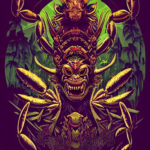 Image similar to barong family member, wiwek, bleeding fangs, crab claws, small horns, viking beard, mara demon, lizard tongue, one single tribe member, jungle, one single mask, dark neon sign lights, 8 0 s, ancient warrior, gorilla, tribals, art by dan mumford and justin gerard