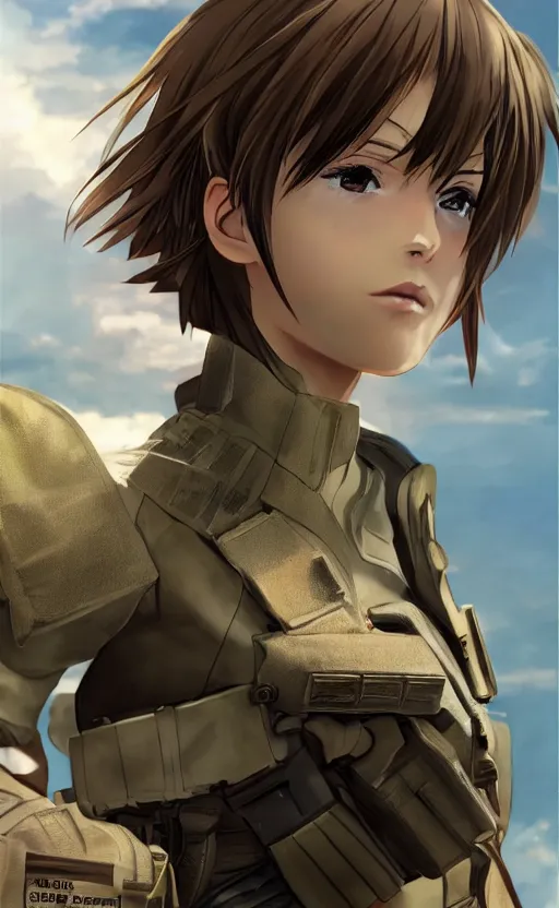 Prompt: brown hair girl, trading card front, future soldier clothing, future combat gear, realistic anatomy, concept art, professional, by ufotable anime studio, green screen, volumetric lights, stunning, military camp in the background, metal hard surfaces, focus on generate the face, tanny skin, sonic boom, realistic airplane