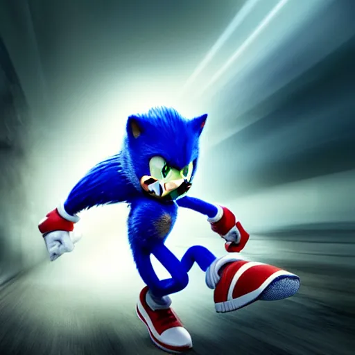 Image similar to hyperrealistic sonic the hedgehog running, stunning 3 d render inspired by istvan sandorfi & greg rutkowski & mike judge, perfect symmetry, dim volumetric cinematic lighting, 8 k octane comprehensive render, extremely mega hyper - detailed and lifelike attributes & atmosphere, intricate, realistic flesh texture, masterpiece, artstation, stunning,