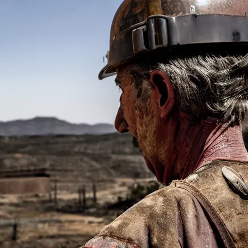 Image similar to Cinematic reverse aerial angle telephoto f2.8 iso 640 over the shoulder of a battle-worn survivor looking over a mid 1800s coal-mining town in the sweltering desert heat, crows in the sky. Photorealistic, award winning, ultra high resolution, intricate details, UHD 8K