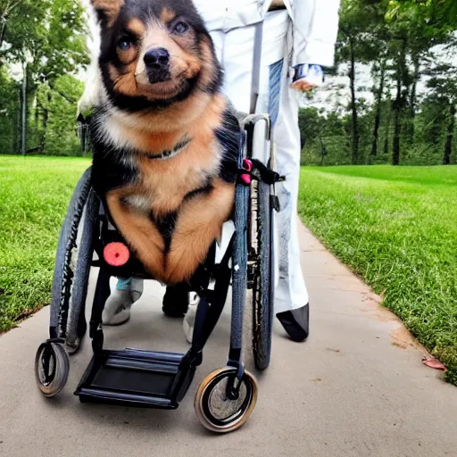 Image similar to retarded dog in wheelchair, realistic photography