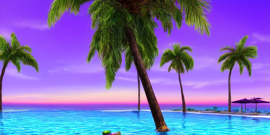 Prompt: purple sunset. palm trees. beach. realistic. digital concept art. fluffy. poolside. hyper realistic