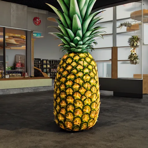 Image similar to huge monstrous pineapple destroys the store, 8 k, 4 k, trending on artstation, artstationhd, artstationhq, octane render